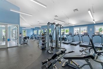 A gym with cardio equipment and weights